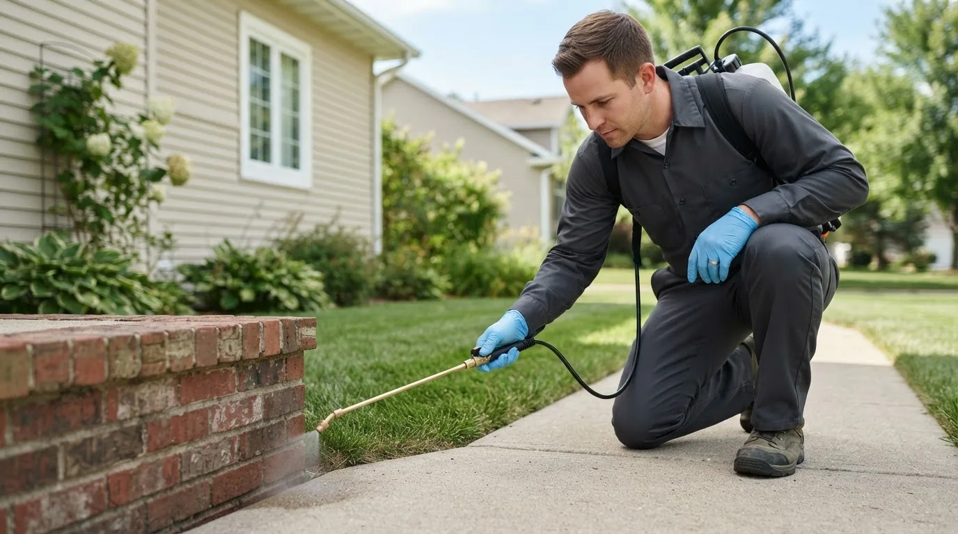 Pest control technician treating a home near Cheyney, PA
